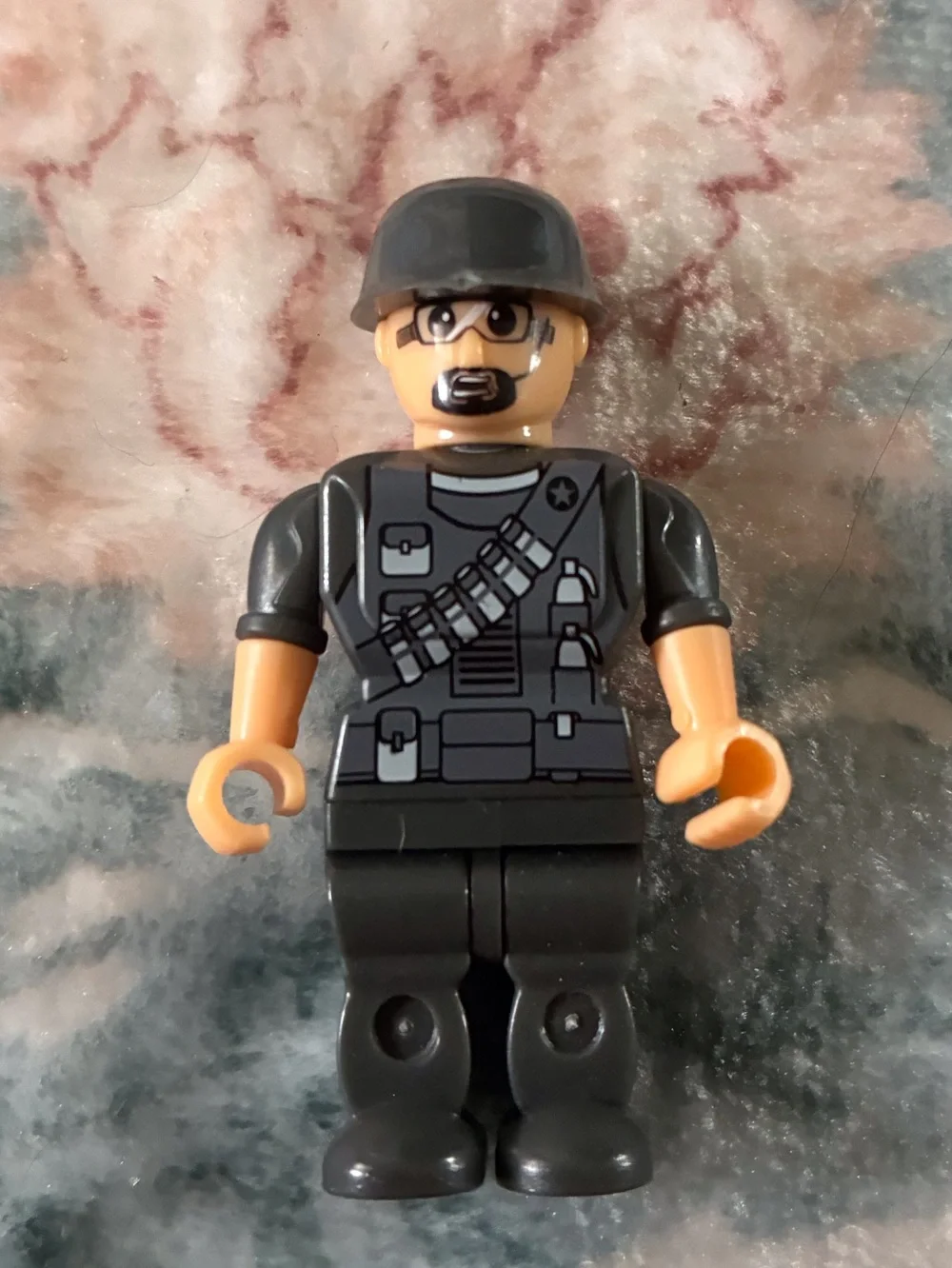 Dark Gray Military Minifigure with Helmet and Bandolier